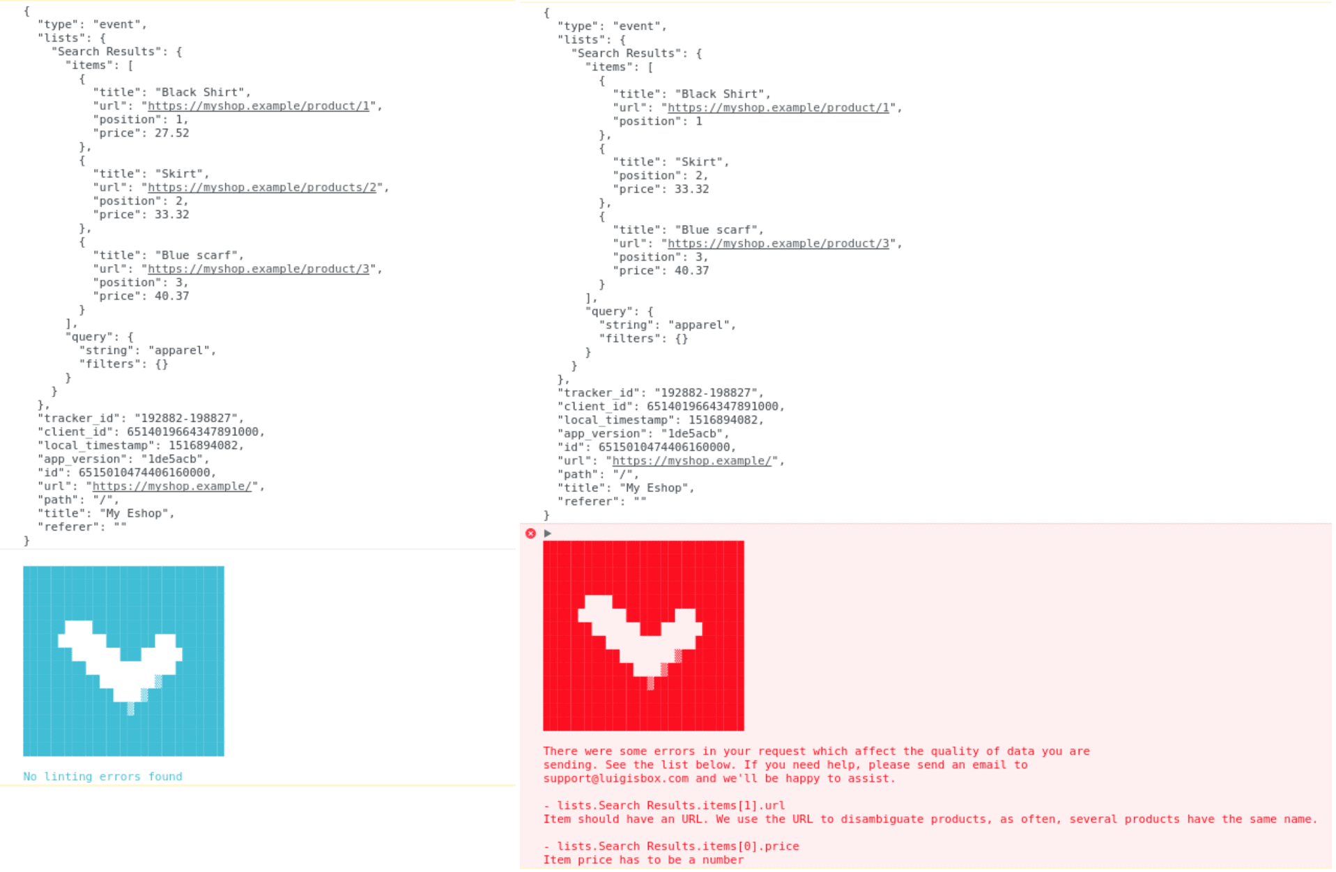 Left side: no errors found. Right side: linter found some errors.