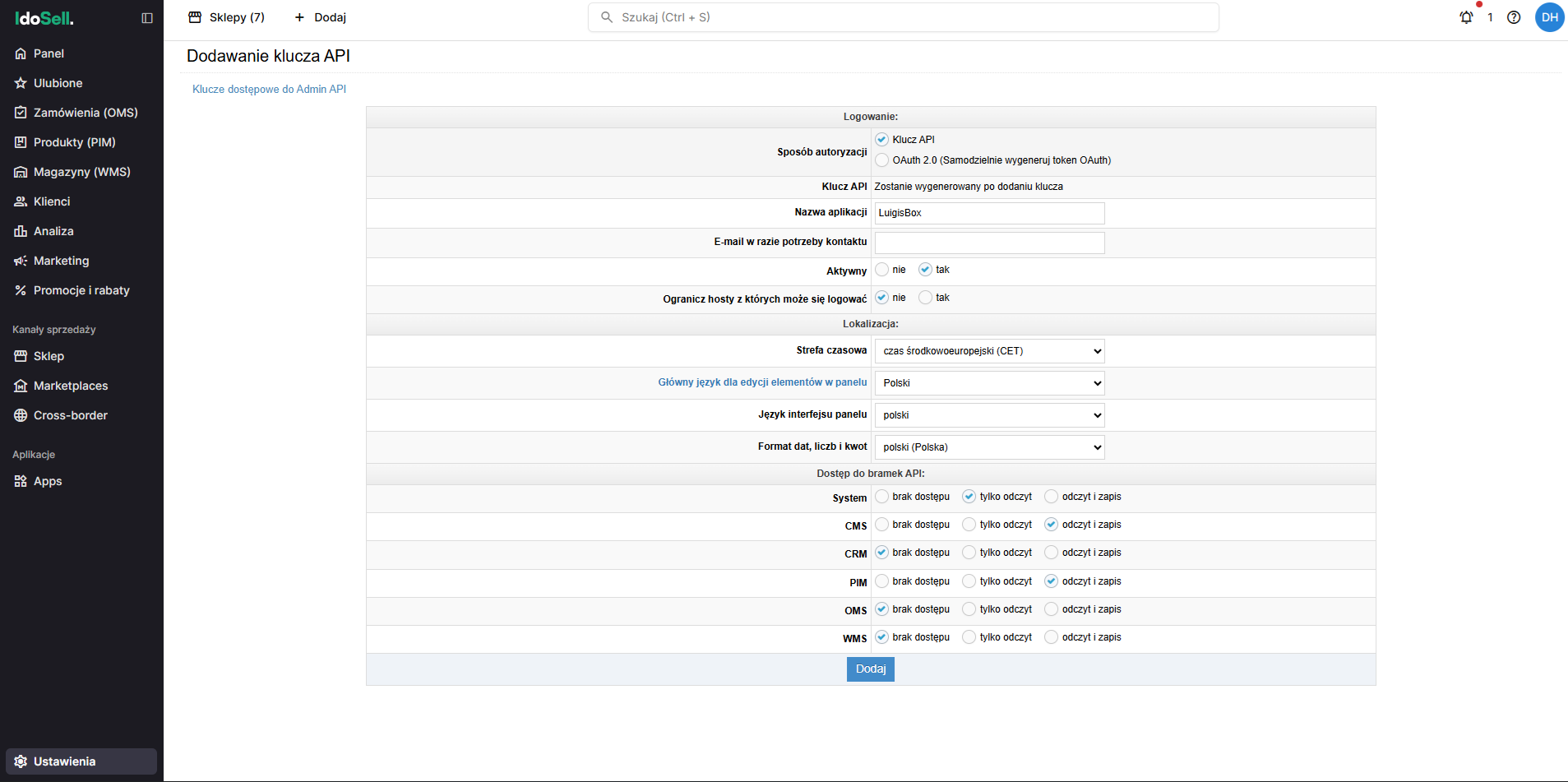 IdoSell API Key Settings