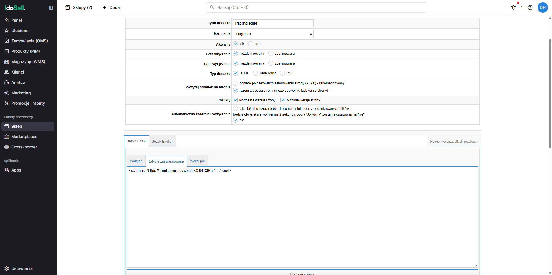 IdoSell Tracking Script Configuration